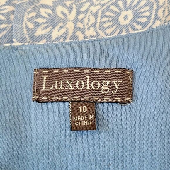 Luxology Blue Floral Keyhole 3/4 Bell Sleeve Lace Detail Boho Dress Size 10 - Picture 6 of 8